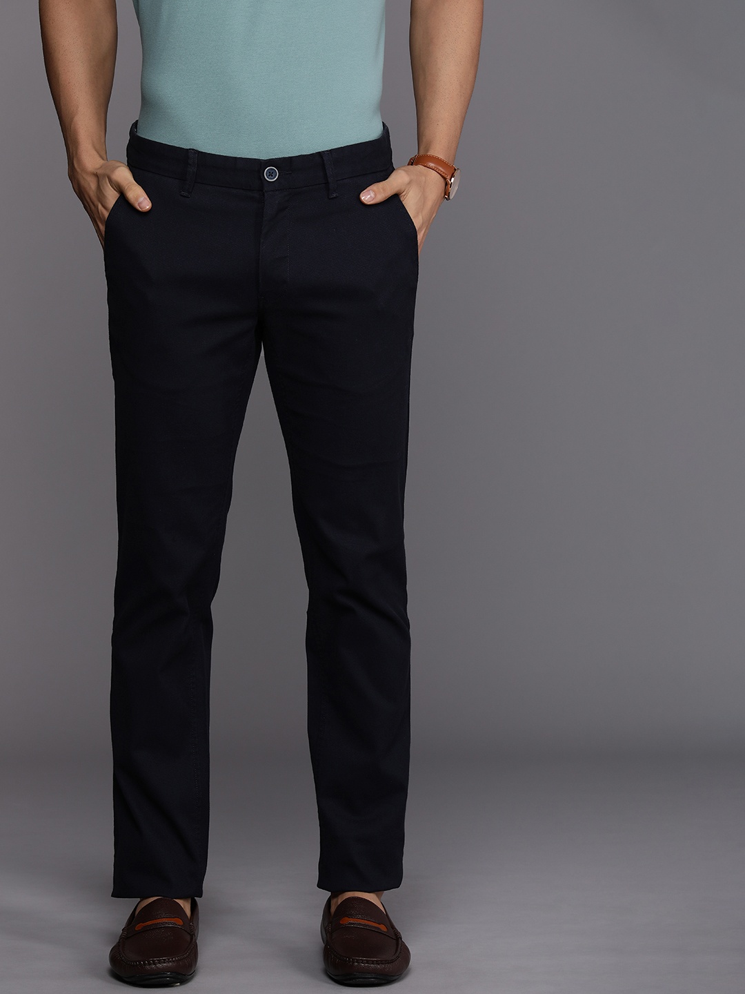 

Louis Philippe Sport Men Textured Tapered Fit Trousers, Navy blue
