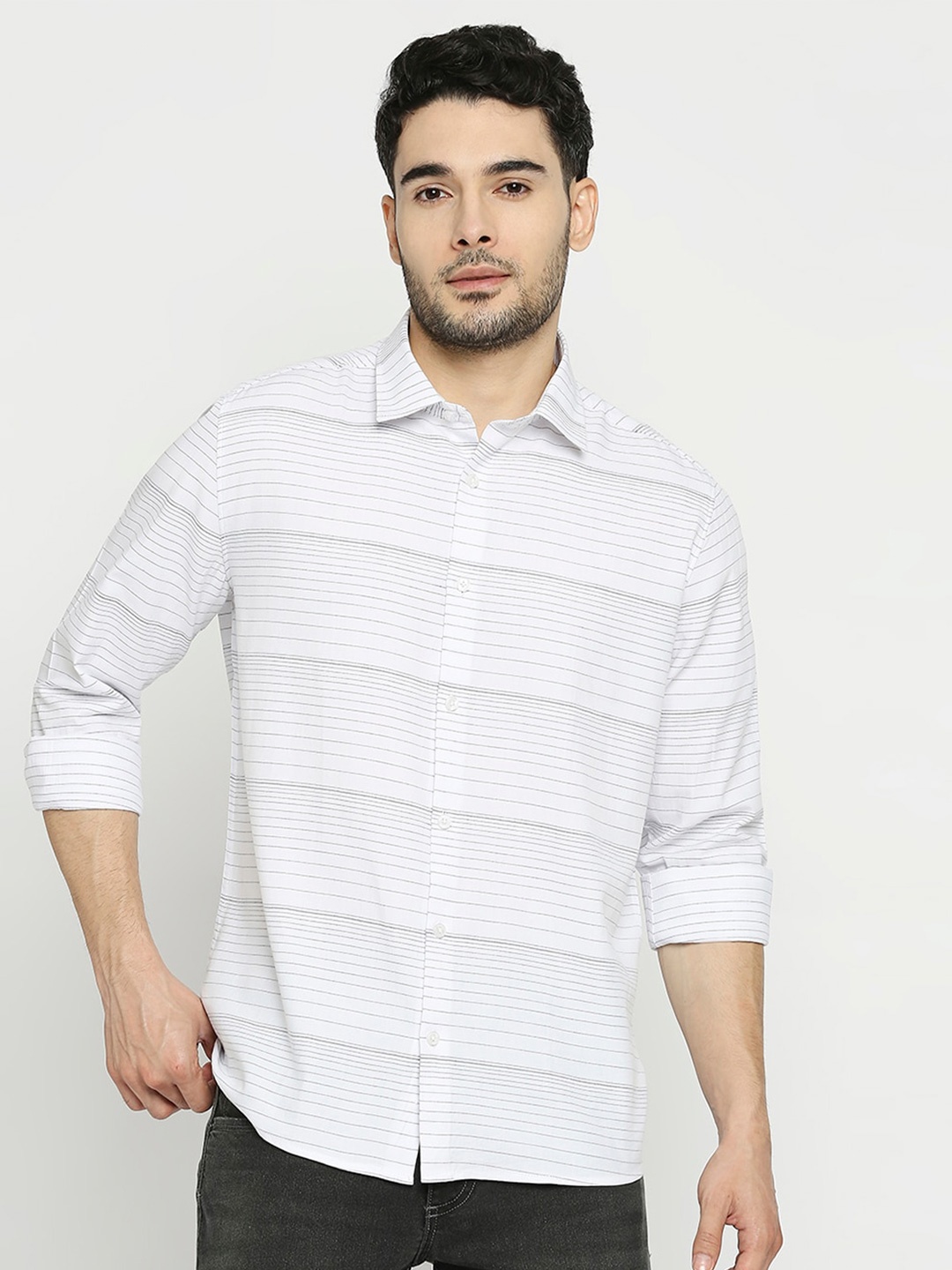 Solemio Comfort Horizontal Striped Twill Pure Cotton Slim Fit Casual Shirt, White