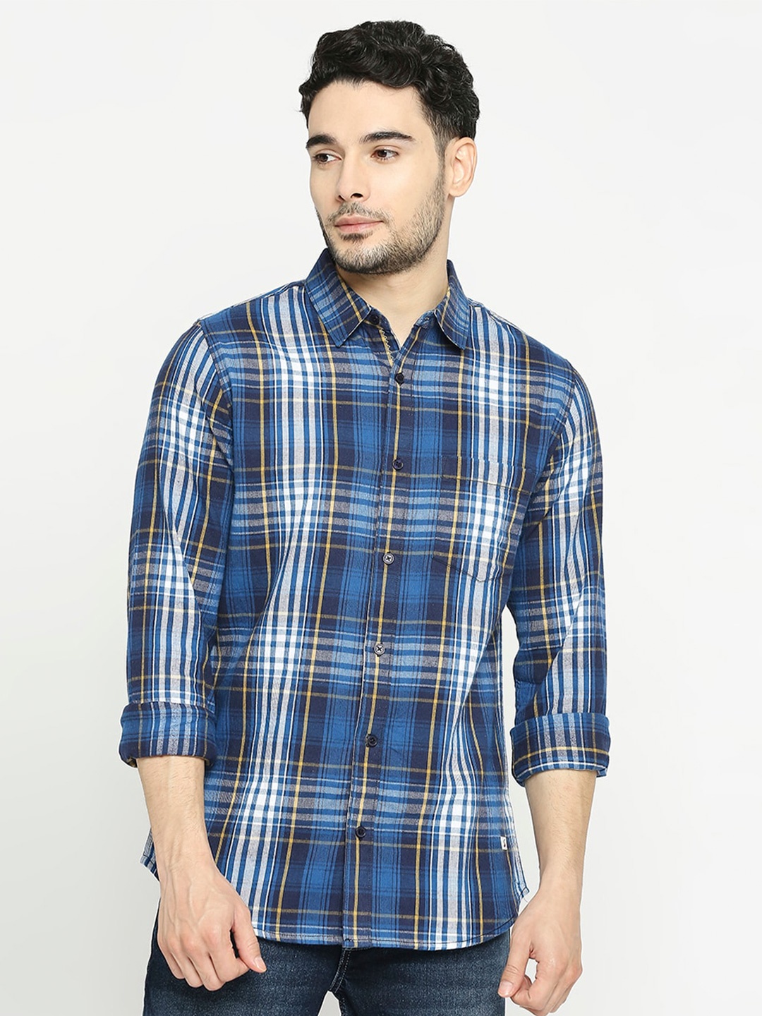 

Solemio Comfort Tartan Checked Twill Pure Cotton Slim Fit Casual Shirt, White