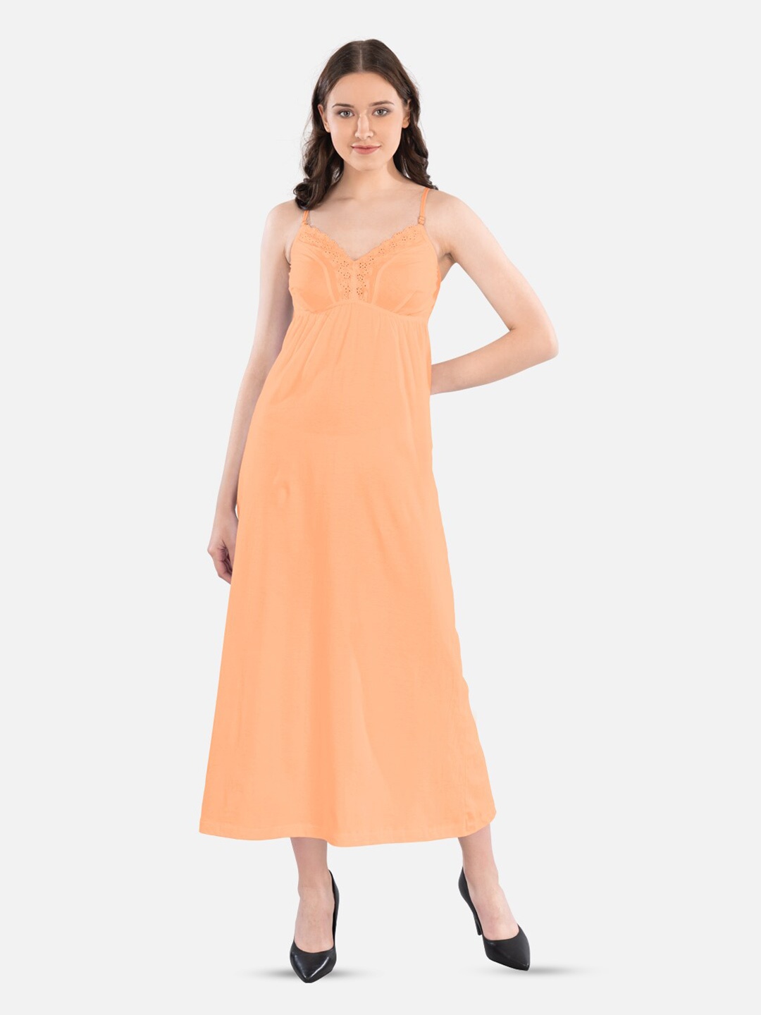 

indian flower Shoulder Straps Pure Cotton Maxi Nightdress, Orange