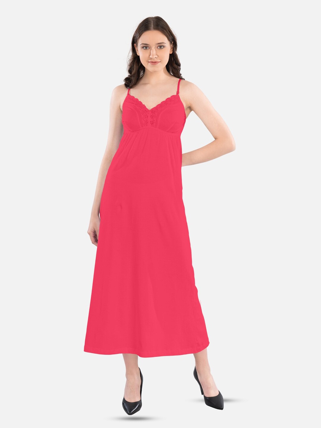 

indian flower Shoulder Straps Pure Cotton Maxi Nightdress, Red