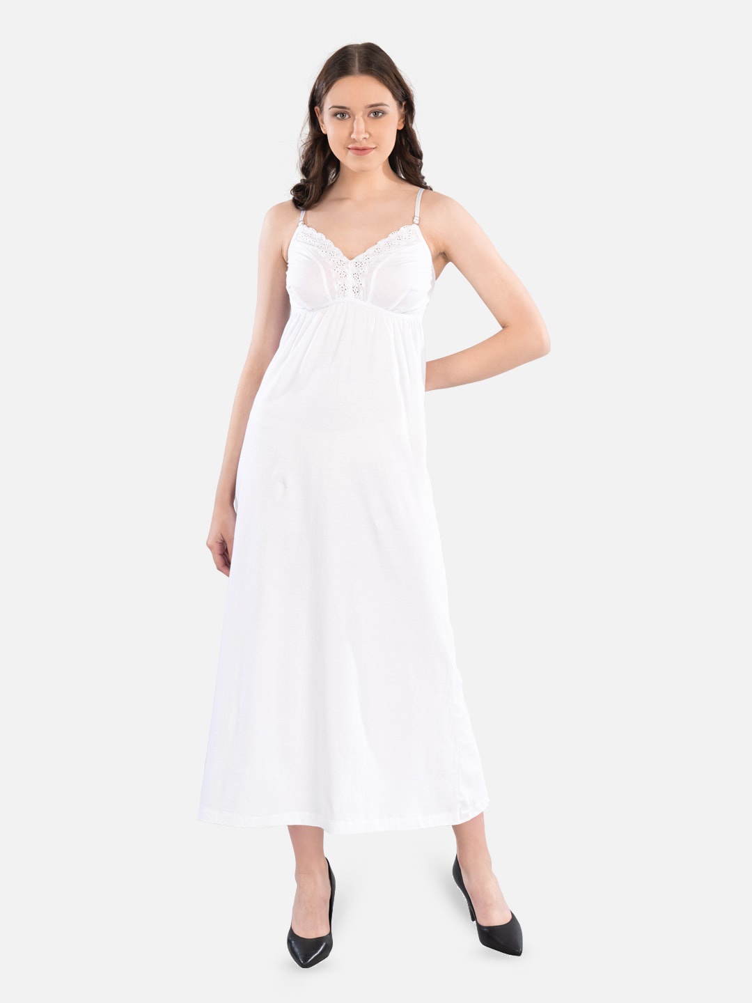 

indian flower Shoulder Straps Pure Cotton Maxi Nightdress, White