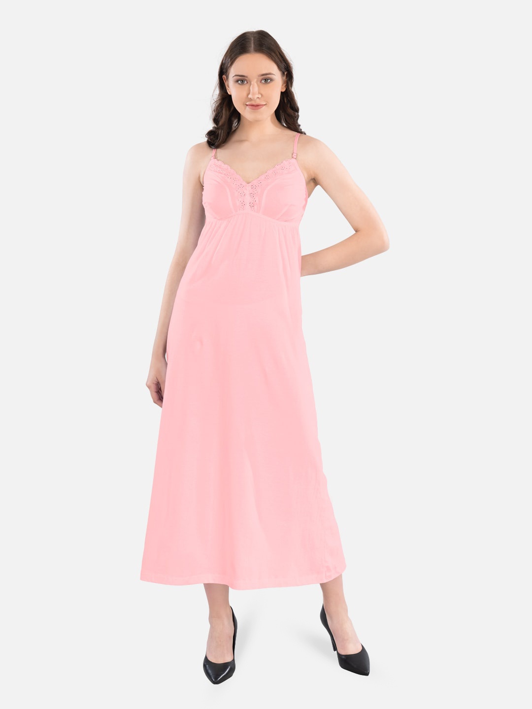 

indian flower Shoulder Straps Pure Cotton Maxi Nightdress, Pink