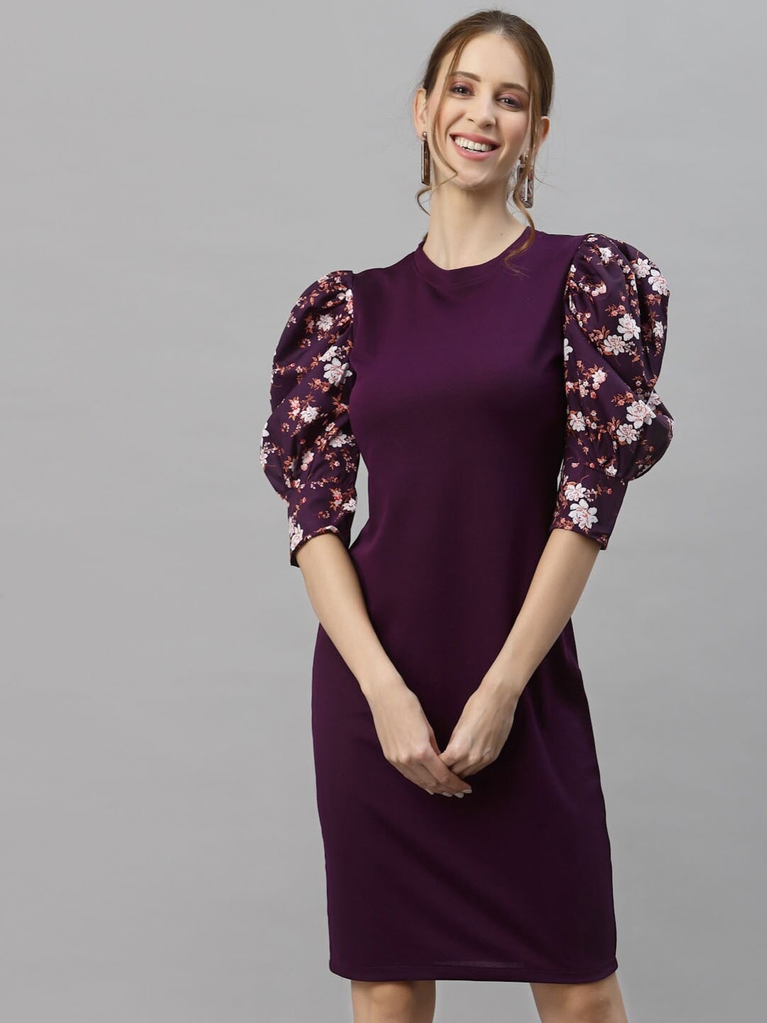 

Ziva Fashion Mock Neck Puff Sleeve Sheath Dress, Purple