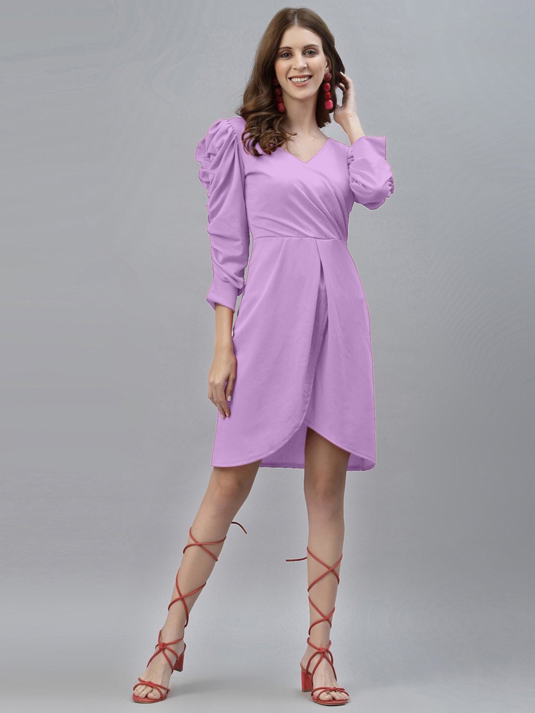 

Ziva Fashion V-neck Puff Sleeves A-line Dress, Lavender