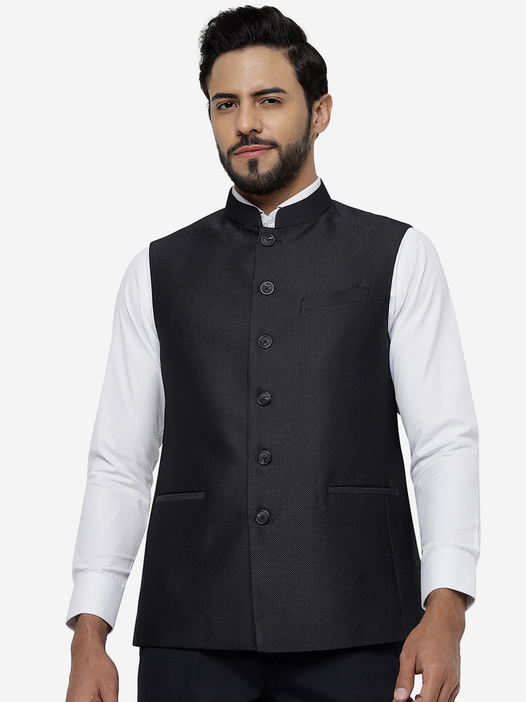 

JADE BLUE Mandarin Collar Woollen Nehru Jacket, Grey