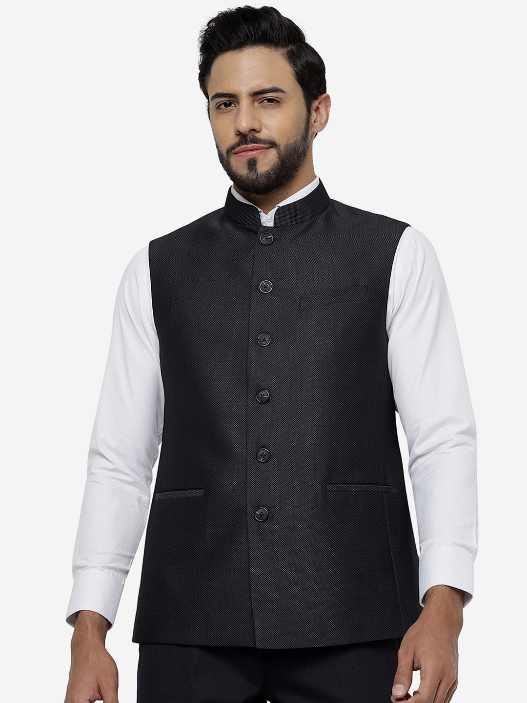 

JADE BLUE Mandarin Collar Woollen Nehru Jacket, Grey