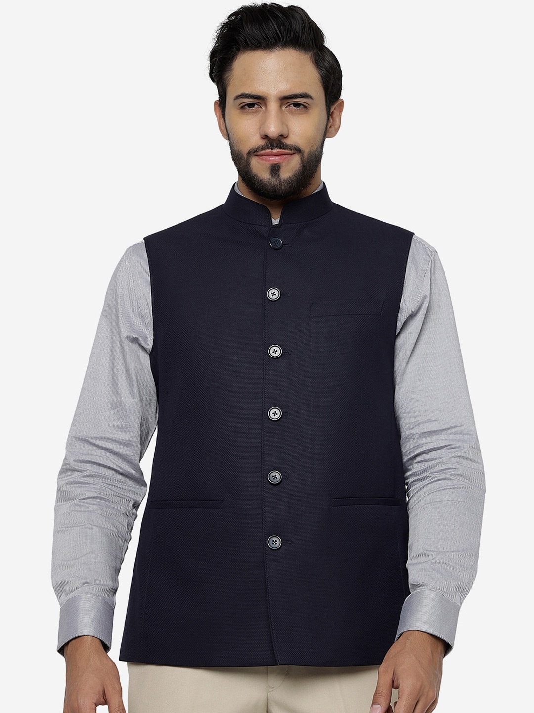 

JADE BLUE Mandarin Collar Woollen Nehru Jacket