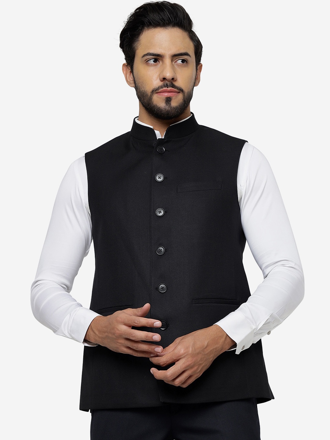 

JADE BLUE Mandarin Collar Woollen Nehru Jacket, Black