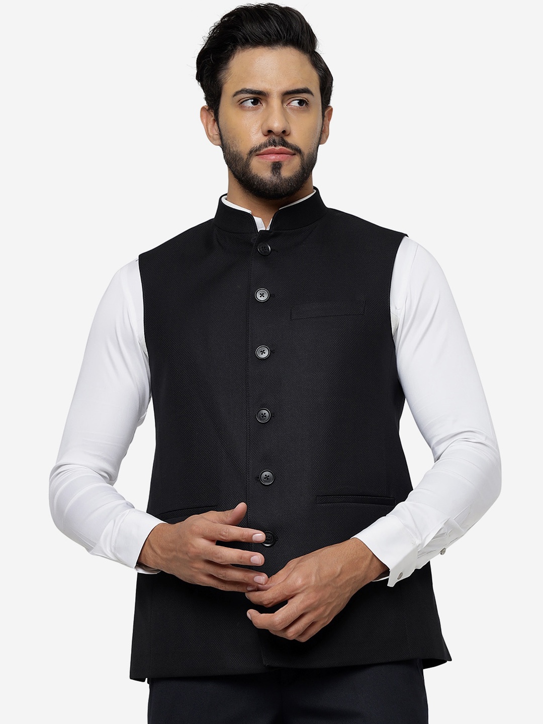 

JADE BLUE Mandarin Collar Woollen Nehru Jacket, Black