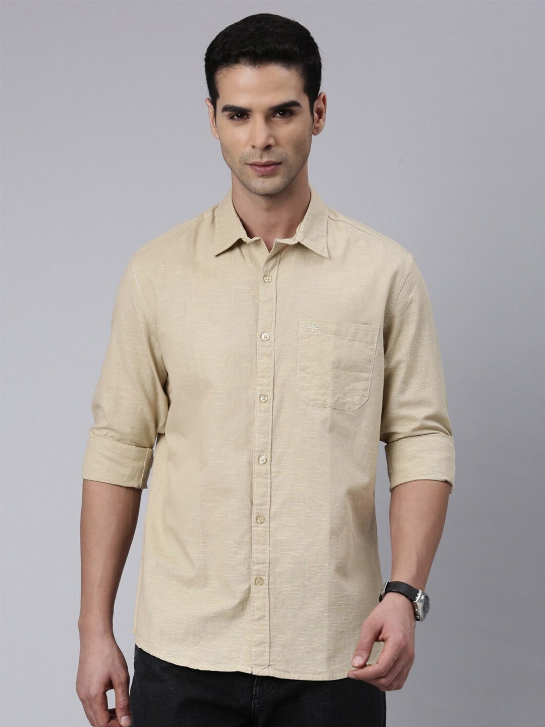 

Chennis Classic Slim Fit Opaque Pure Cotton Casual Shirt, Beige