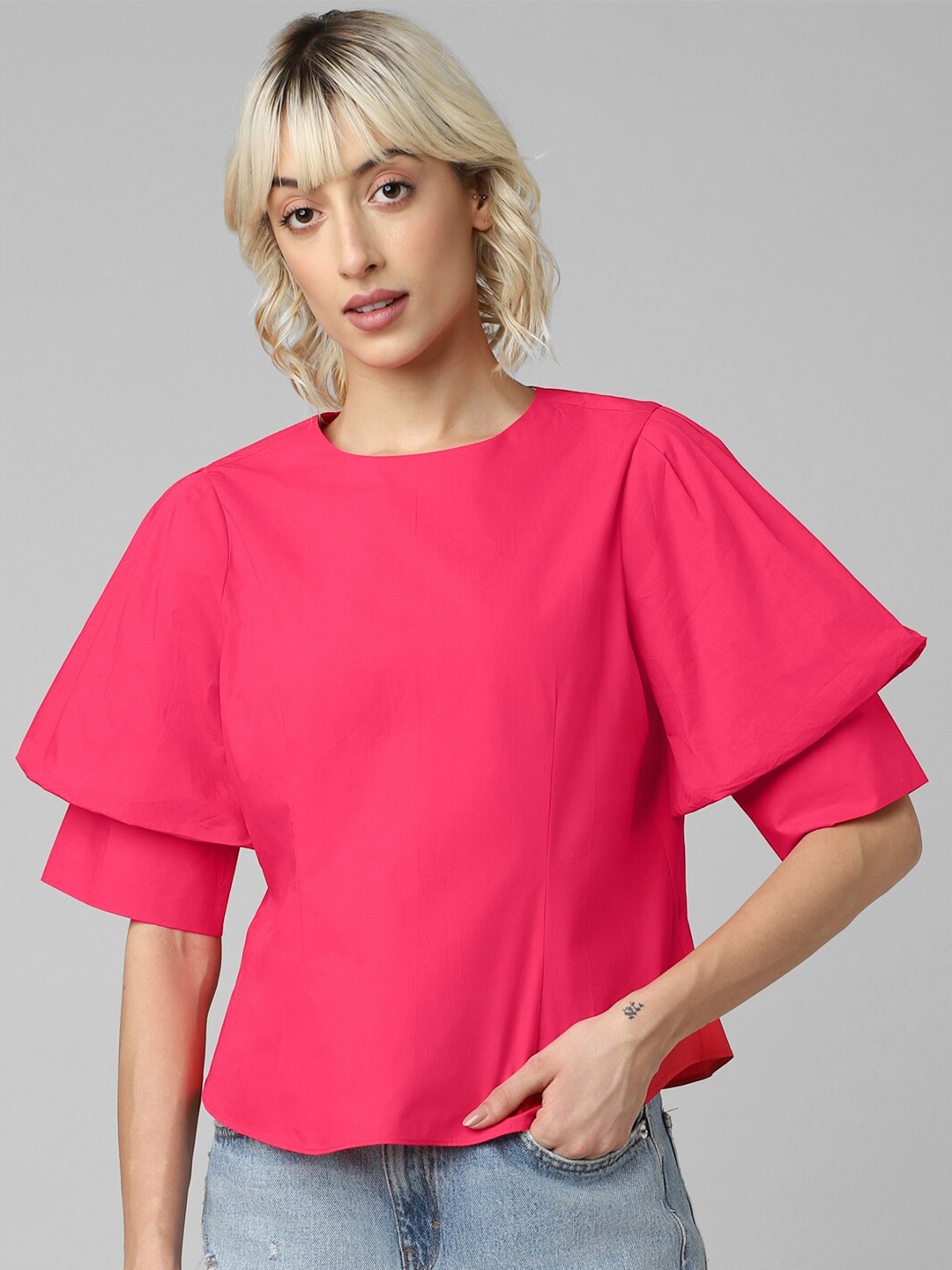 

ONLY Puff Sleeves Cotton Top, Pink