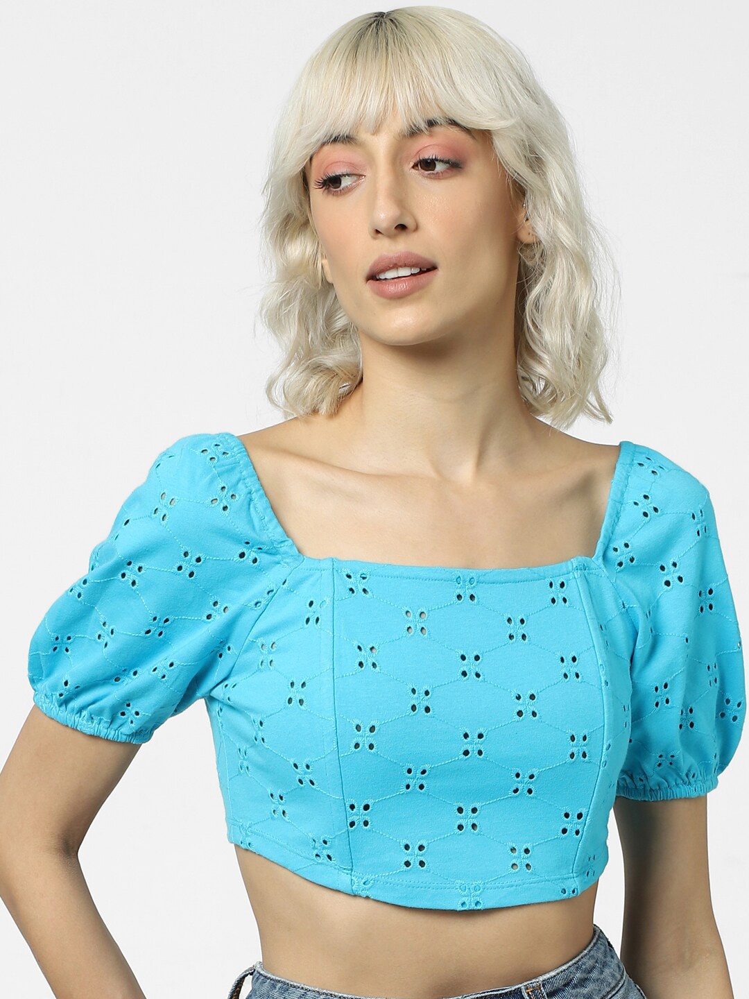 

ONLY Square Neck Puff Sleeve Schiffli Cotton Crop Top, Blue