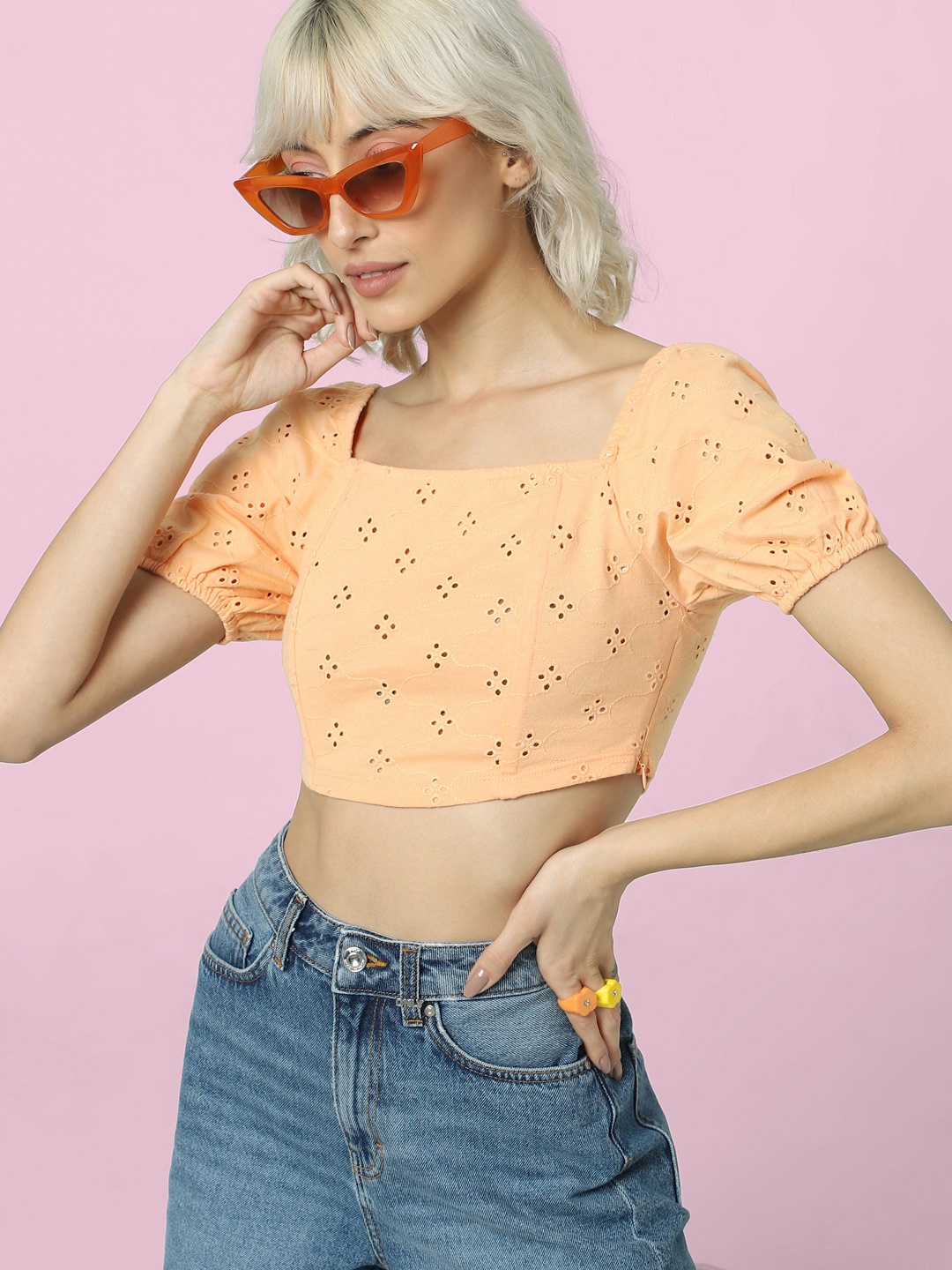 

ONLY Square Neck Puff Sleeve Schiffli Cotton Crop Top, Cream