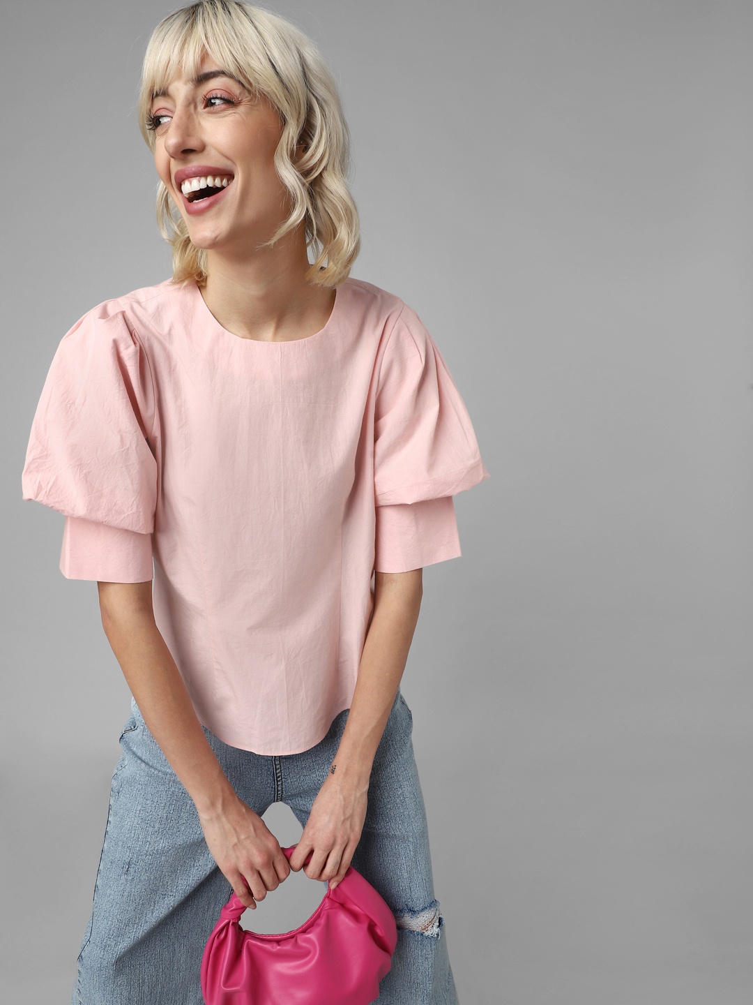 

ONLY Puff Sleeves Cotton Top, Pink