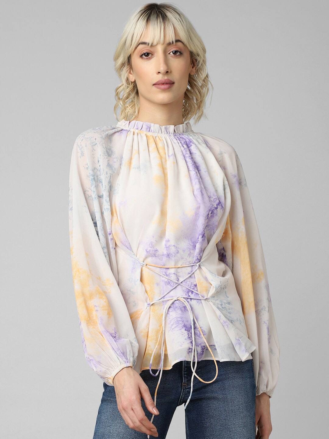 

ONLY Abstract Printed Puff Sleeve Top With Lace - Up, Off white