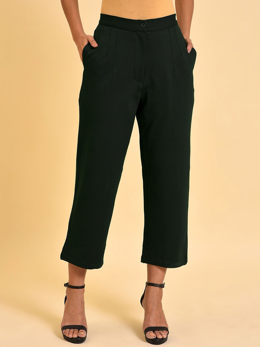 

W Women Black Pleated Comfort Culottes Trousers, Green