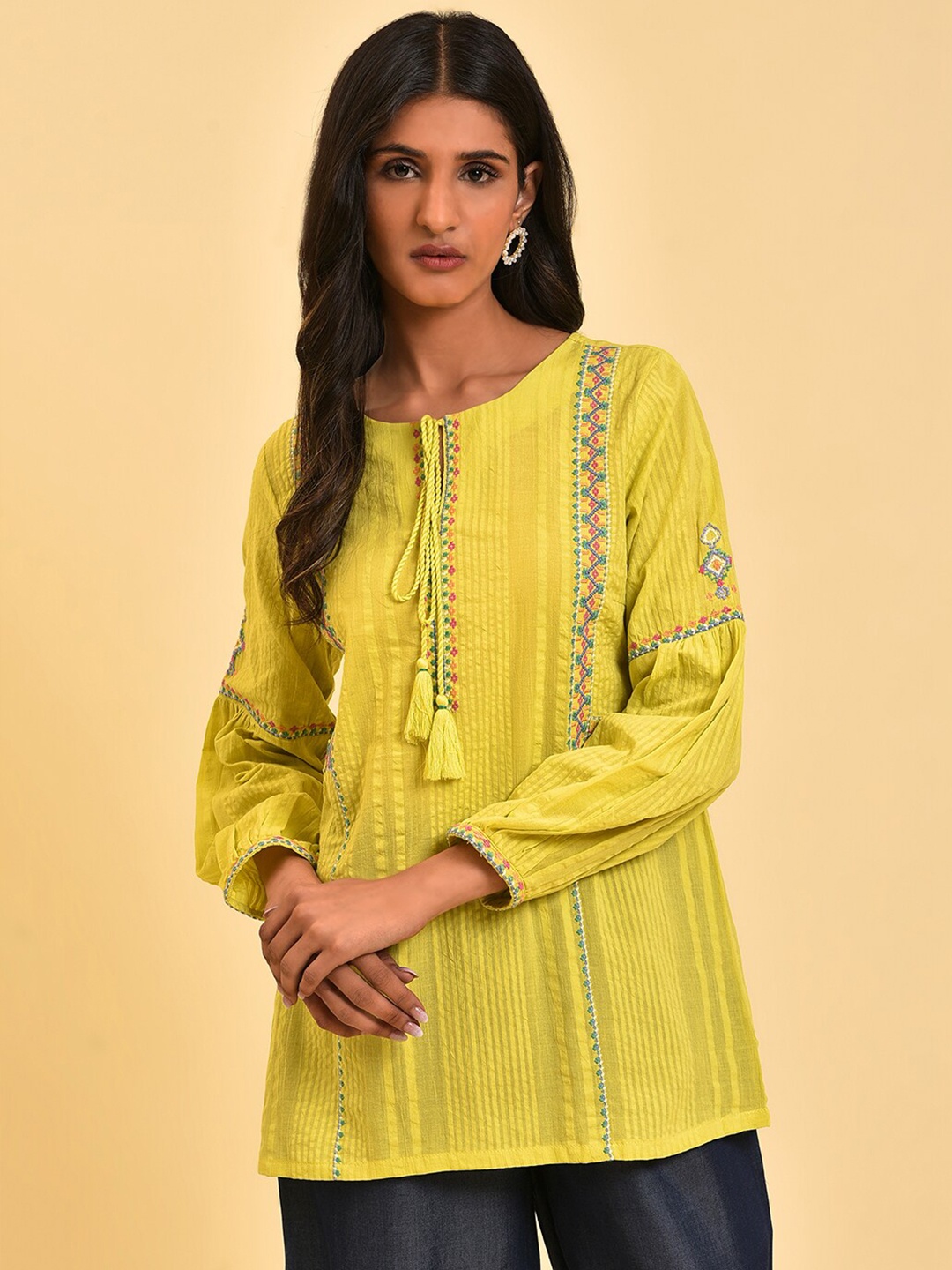 

W Yellow Self Designed Ethnic Motifs Embroidered Tie-Up Neck Cotton Top