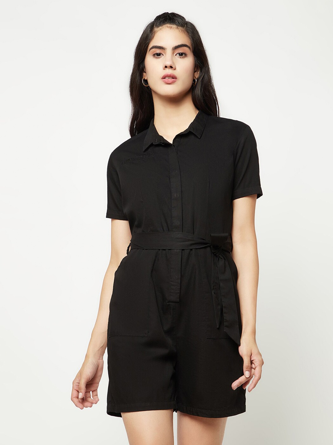 

Crimsoune Club Black Shirt Collar Playsuit