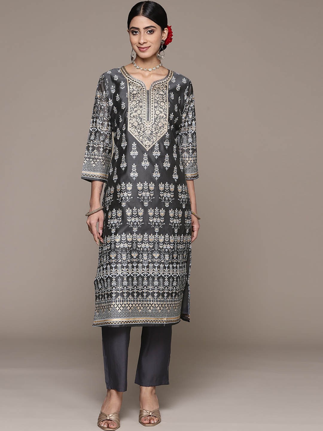 

Ishin Charcoal & White Colour Ethnic Motifs Printed Zari Kurta With Trousers