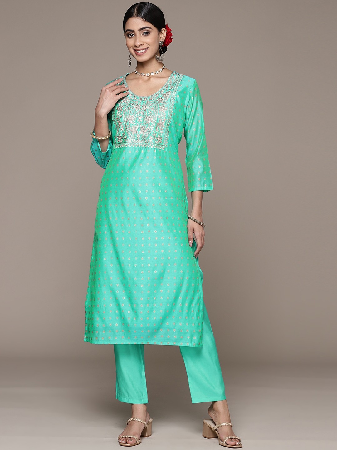 

Ishin Turquoise Blue & Gold Toned Ethnic Motifs Printed Thread Work Kurta With Trousers