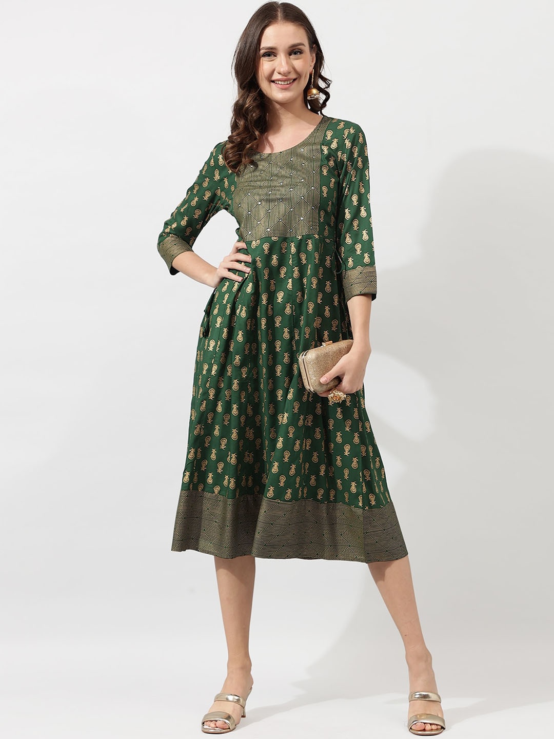 

KALINI Green Ethnic Motifs A-line Ethnic Dress