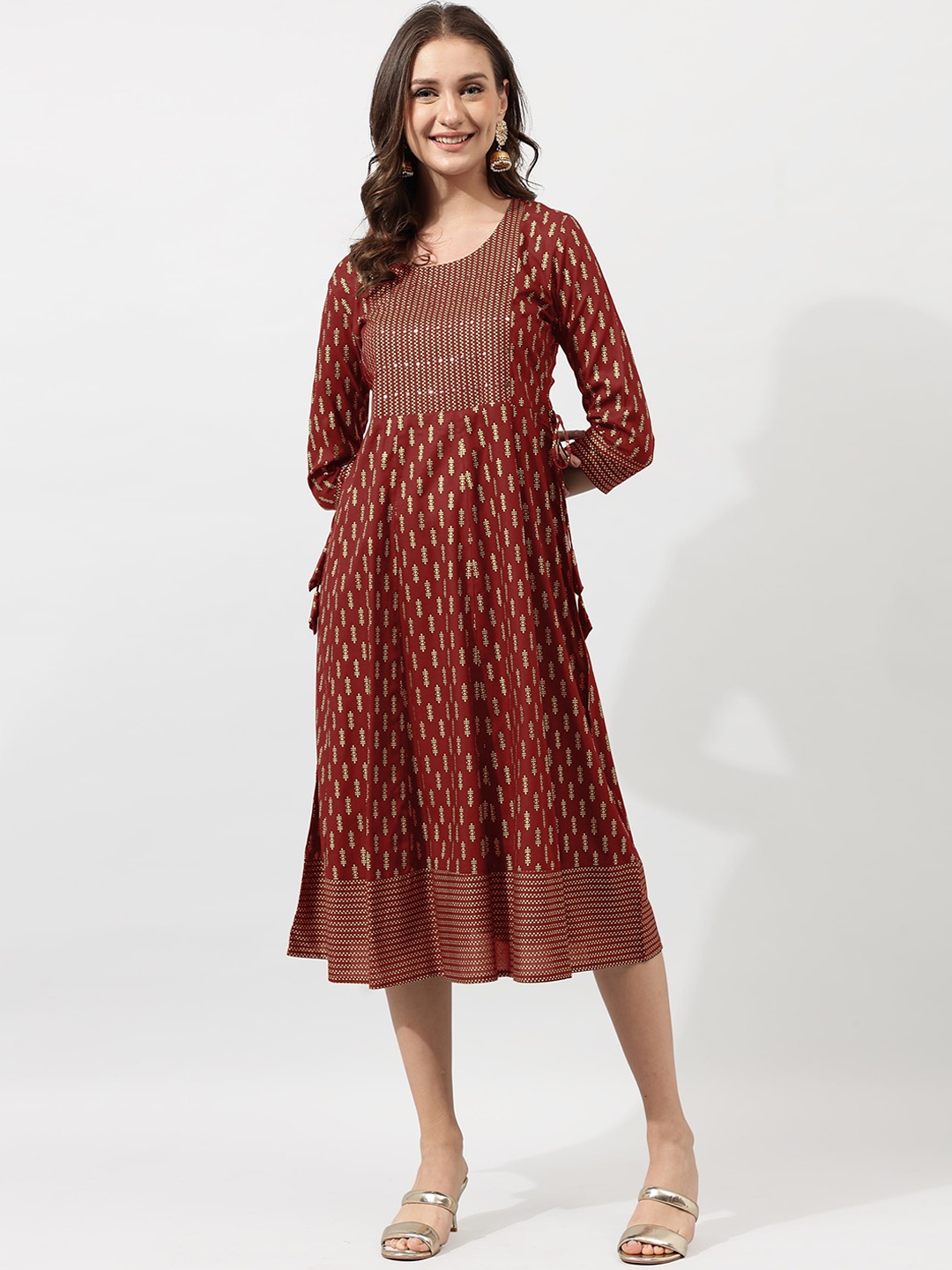 

KALINI Maroon Ethnic Motifs Printed A-Line Ethnic Dress