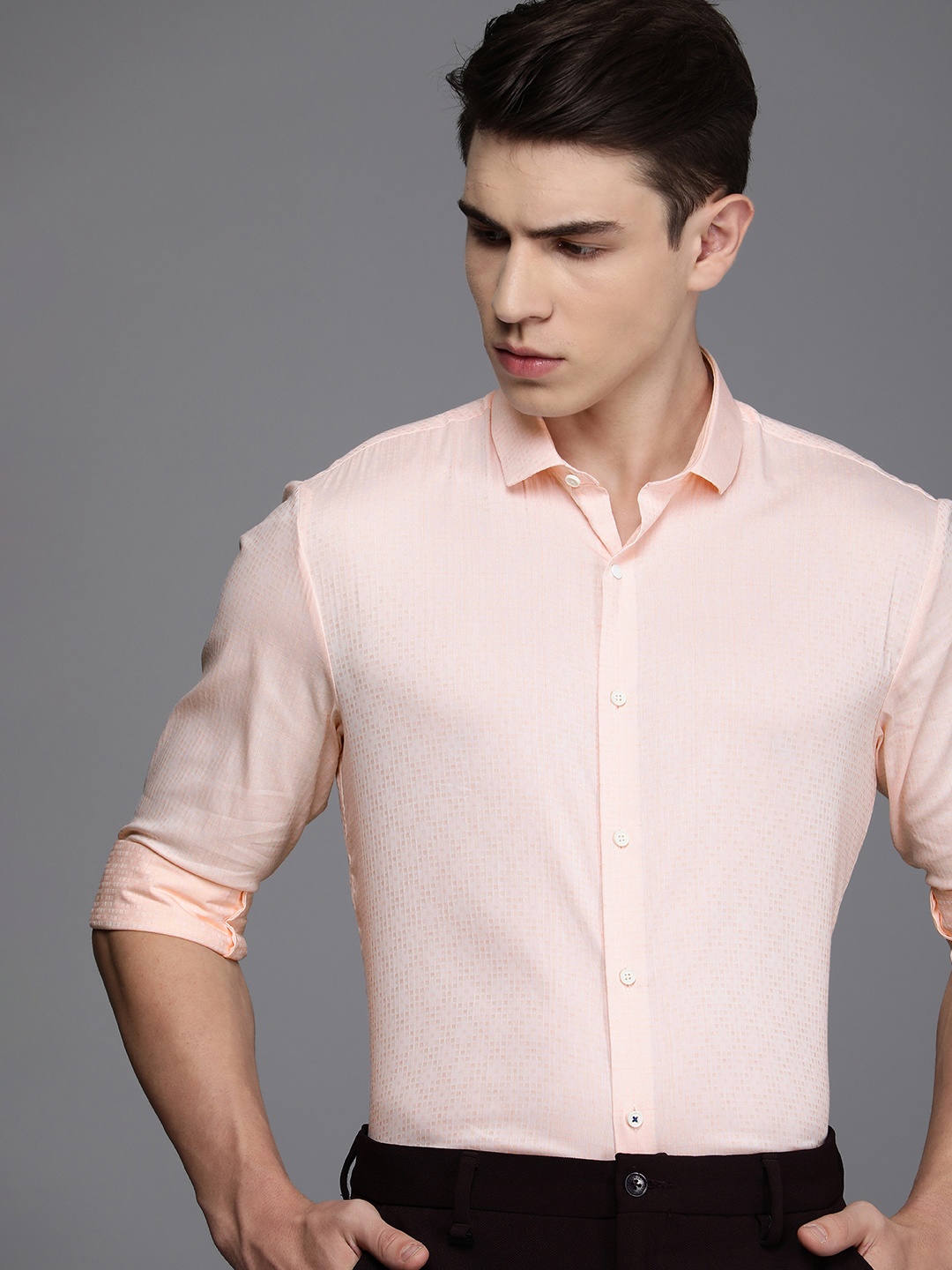 

Louis Philippe Ath.Work Super Slim Fit Self Design Semiformal Shirt, Peach