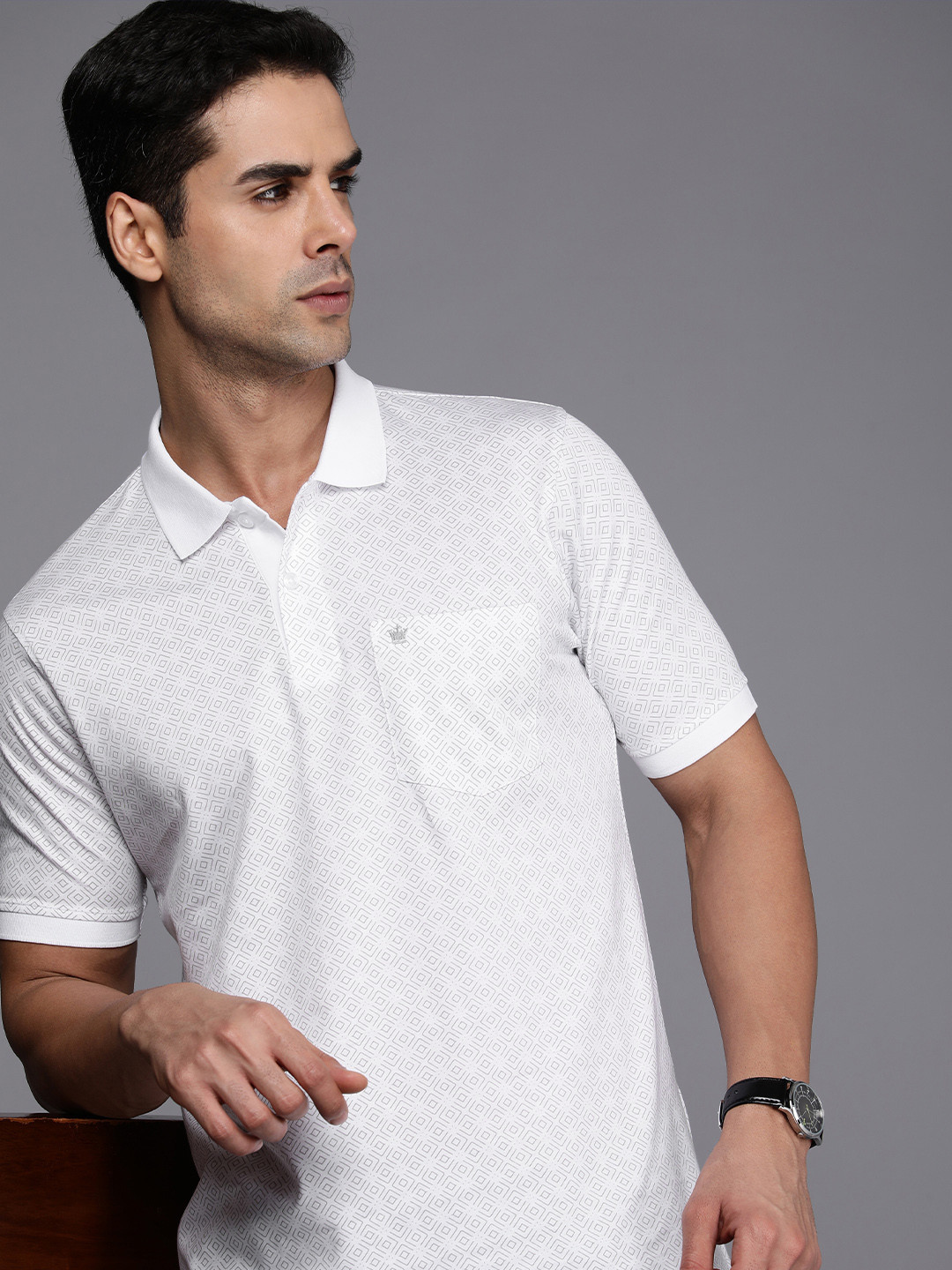 

Louis Philippe Geometric Printed Polo Collar Pure Cotton T-shirt With Chest Pocket, White