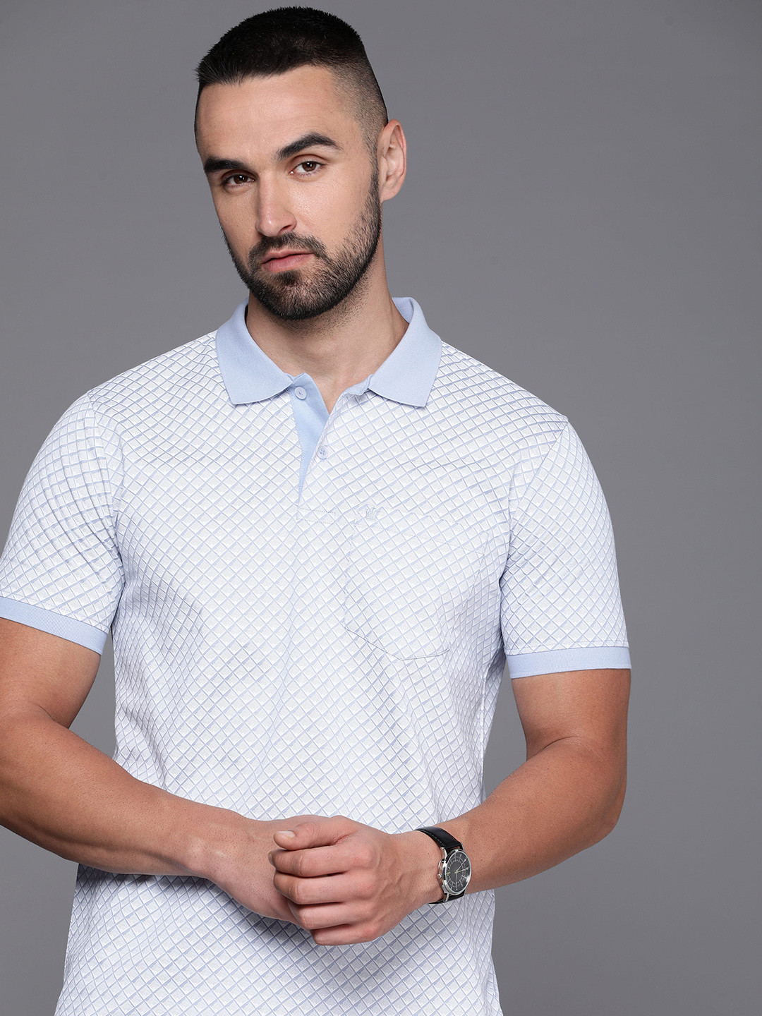 

Louis Philippe Printed Polo Collar Pure Cotton T-shirt, Blue