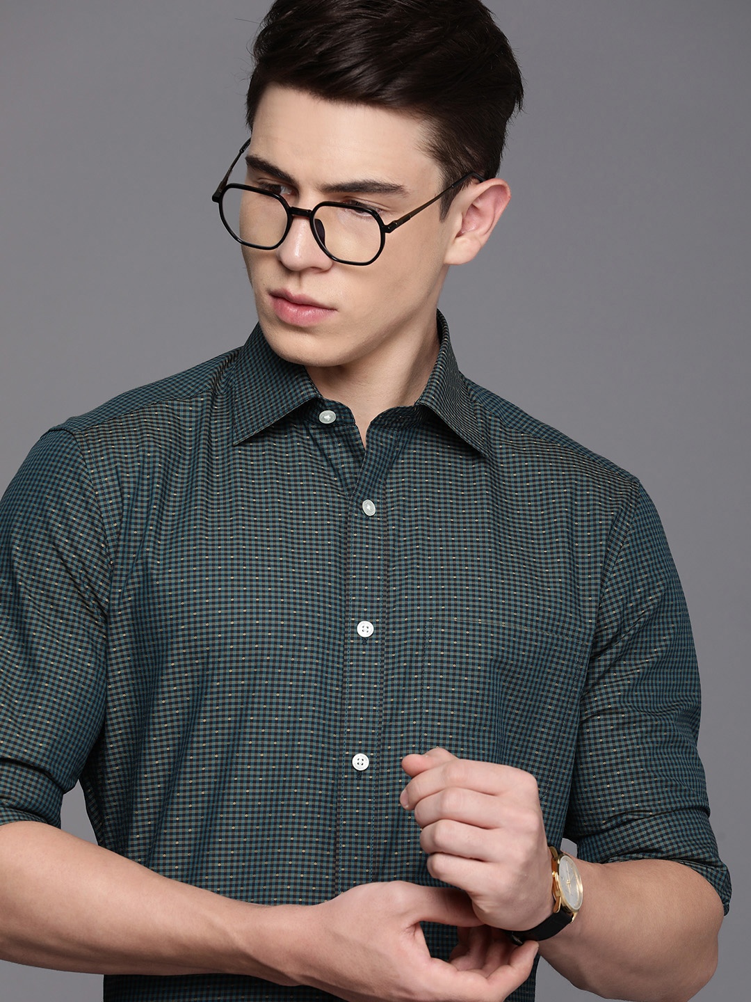 

Louis Philippe Classic Self-Design Micro Checks Pure Cotton Formal Shirt, Teal