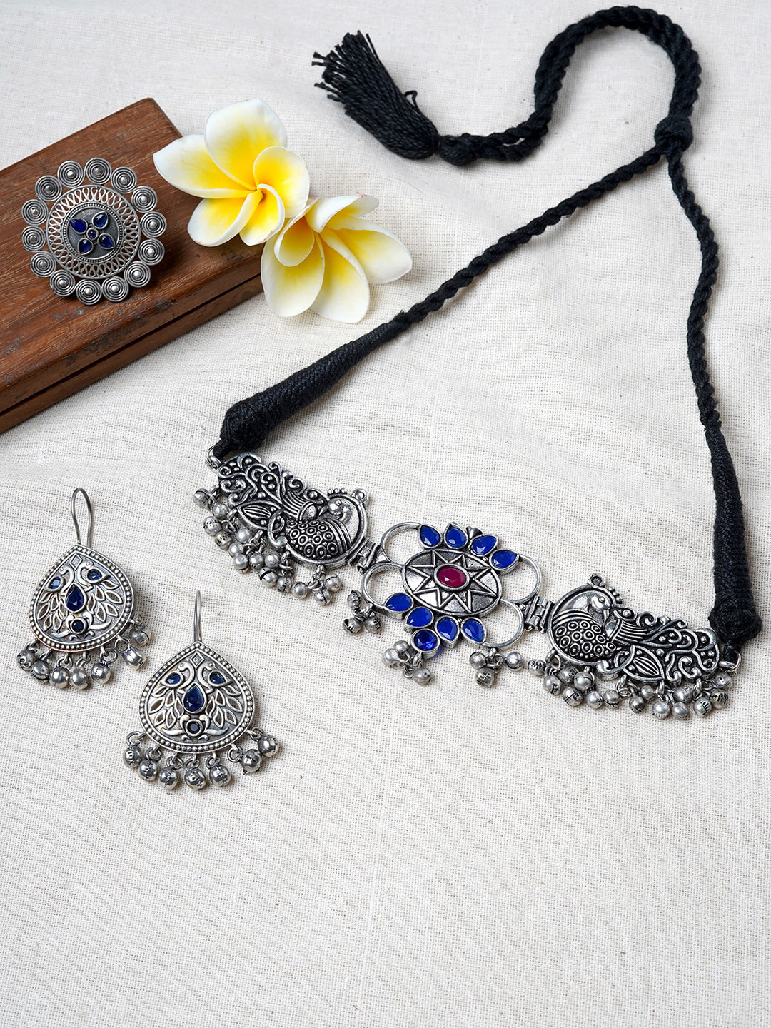 

TEEJH Oxidised Silver-Plated AD Studded & Beaded Jewellery Set