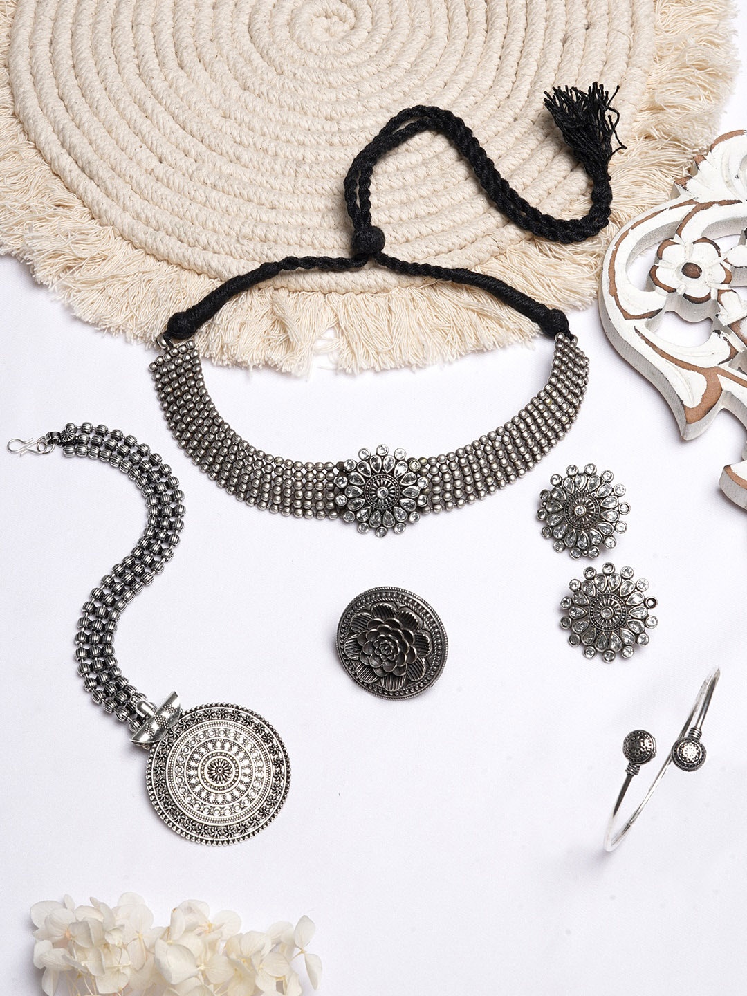 

TEEJH Silver-Plated Sone-Studded & Beaded Oxidised Jewellery Set