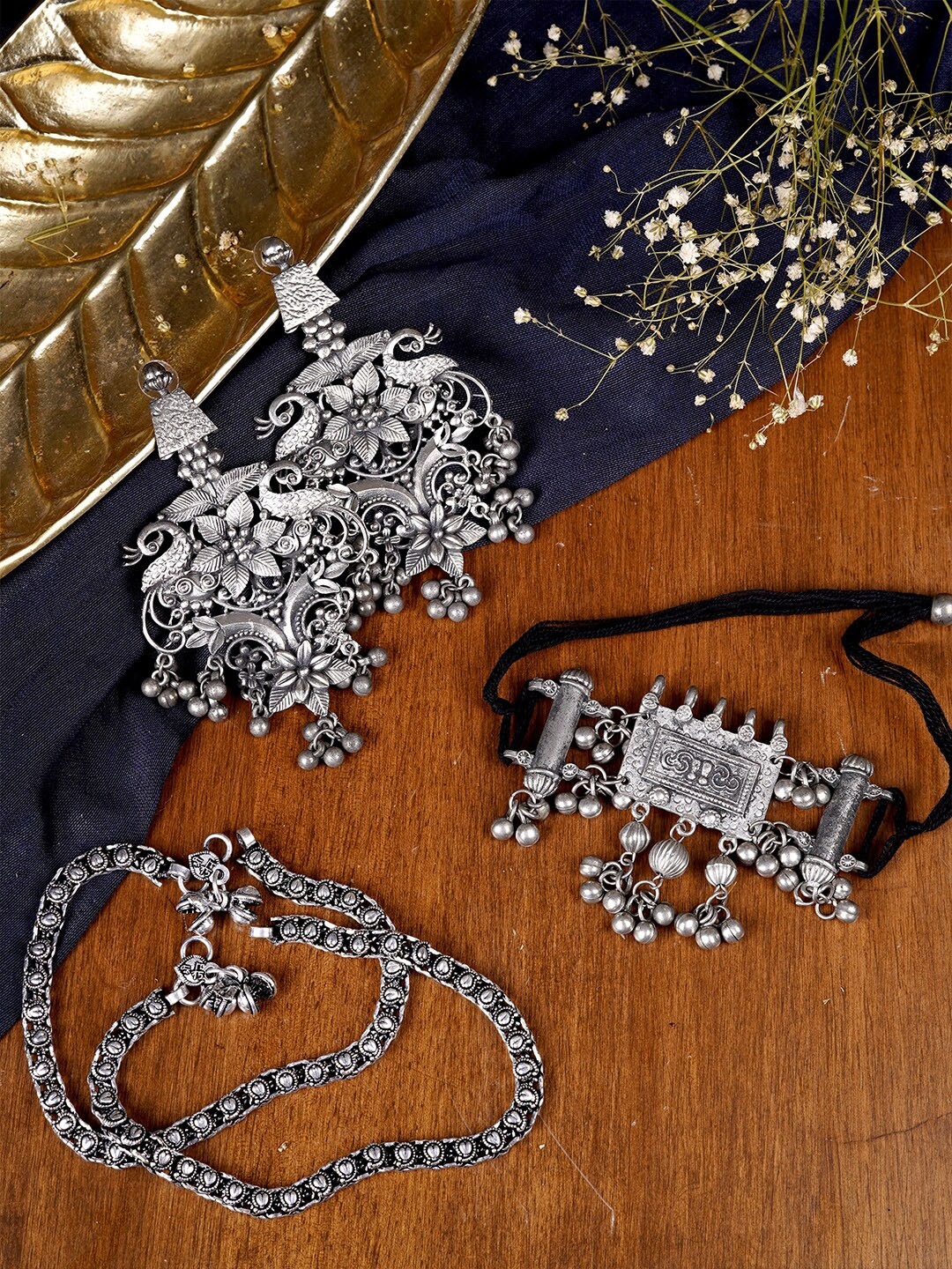 

TEEJH Silver-Plated Oxidised Necklace and Earrings With Anklet