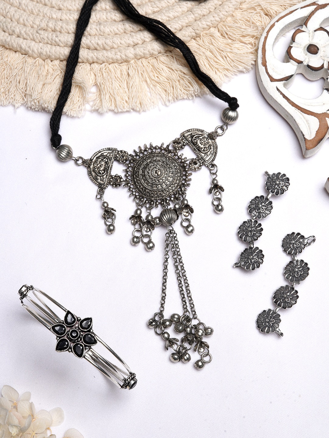 

TEEJH Silver-Plated Stone-Studded & Beaded Oxidised Jewellery Set