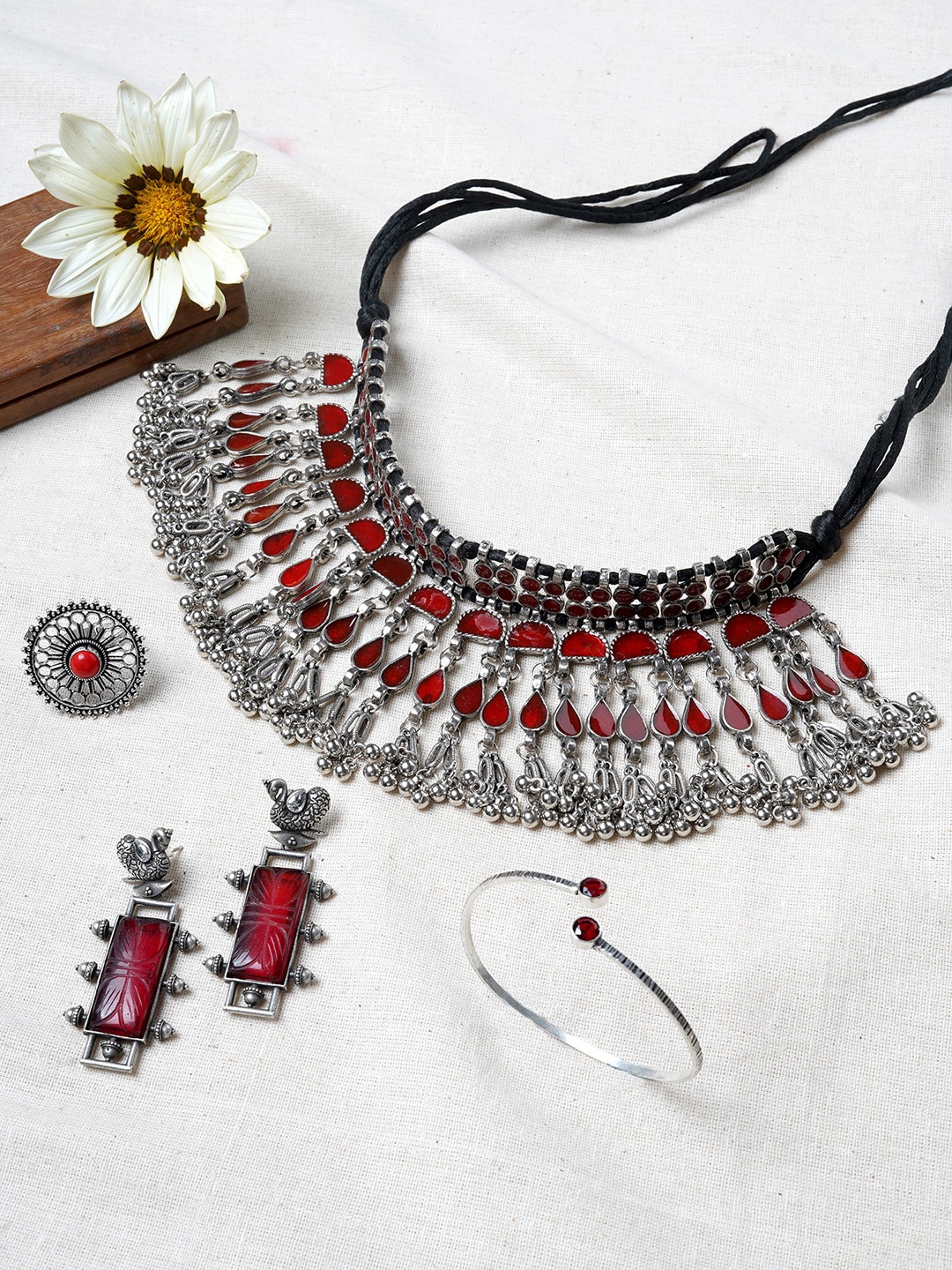 

TEEJH Silver Plated & Stone Studded Jewellery Set with Ring & Bracelet