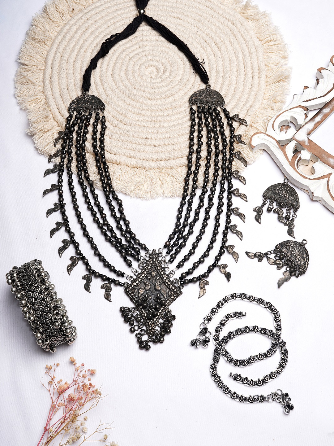 

TEEJH Silver-Plated Oxidised Beaded Jewellery Set With Bangle & Anklets