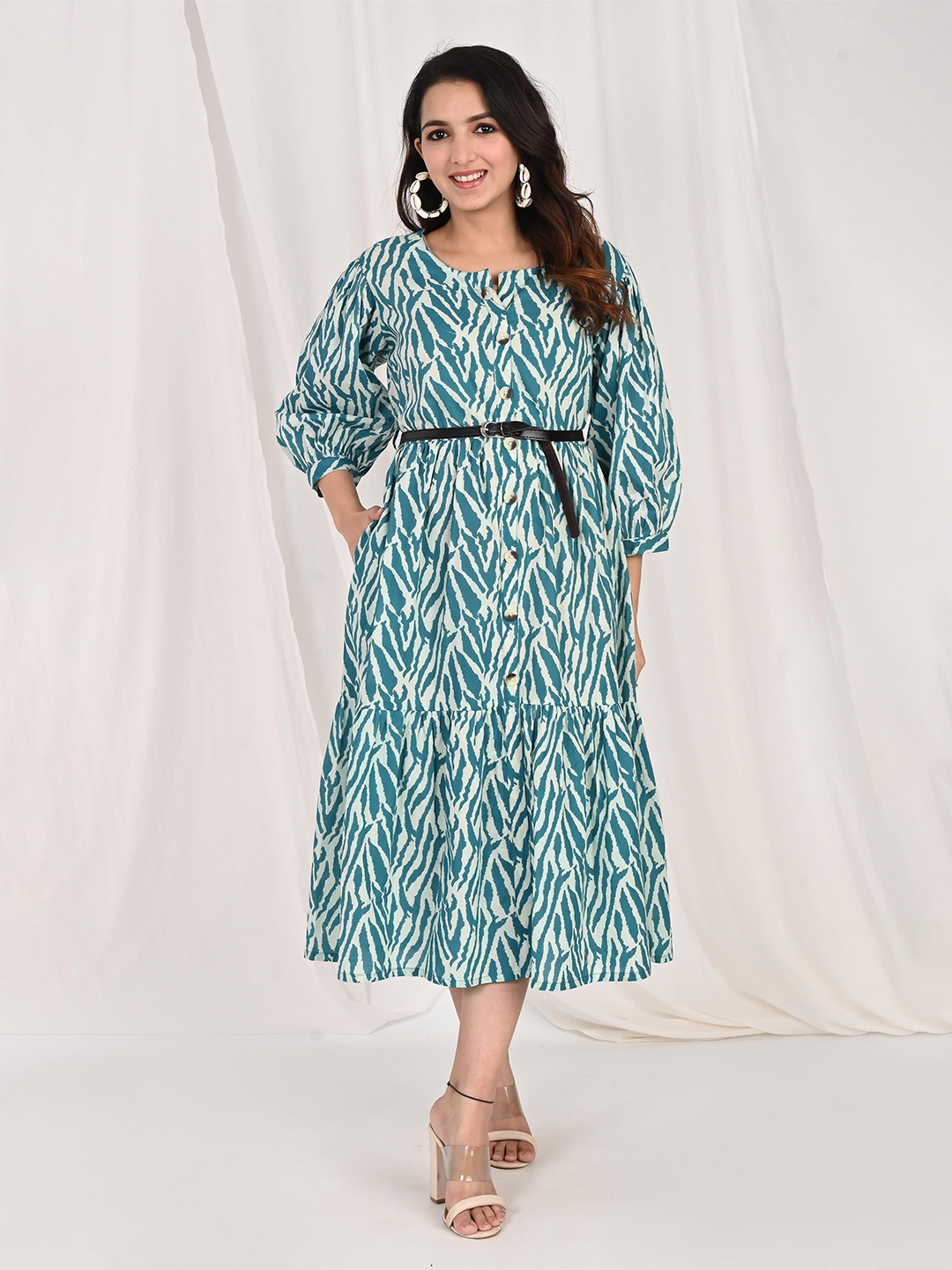 

Do Dhaage Abstract Printed Puff Sleeve Cotton Fit & Flare Midi Dress, Blue