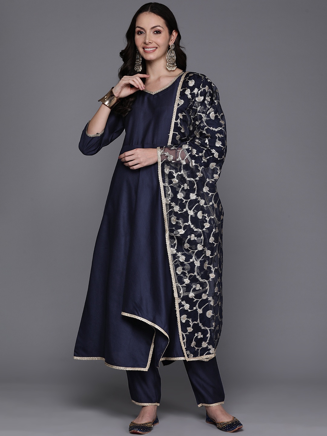 

Indo Era Women Empire Sequinned Kurta with Trousers & With Dupatta, Navy blue