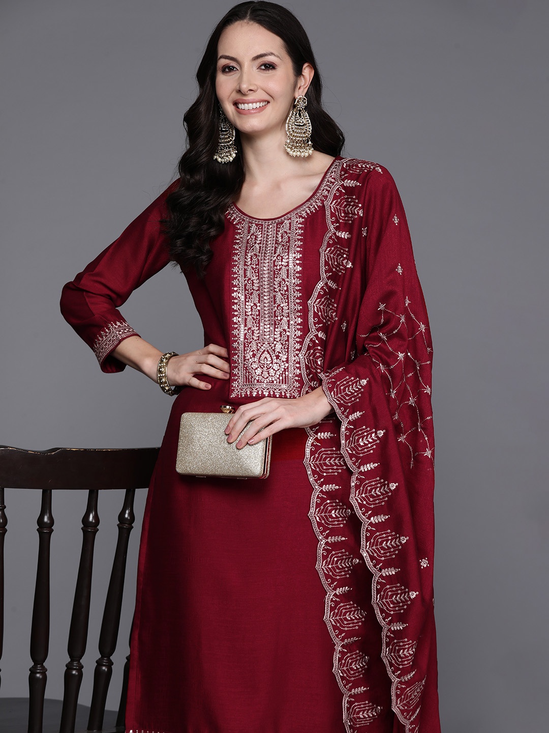 

Indo Era Women Yoke Design Regular Thread Work Kurta with Trousers & With Dupatta, Maroon