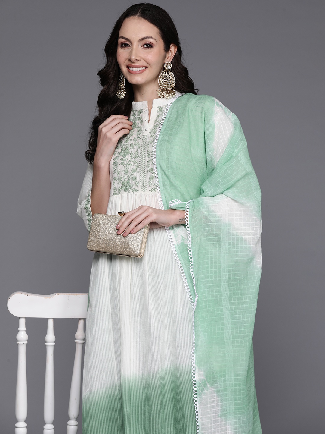 

Indo Era Women Ombre Embroidered Empire Thread Work Cotton Kurta with Trousers & Dupatta, Green