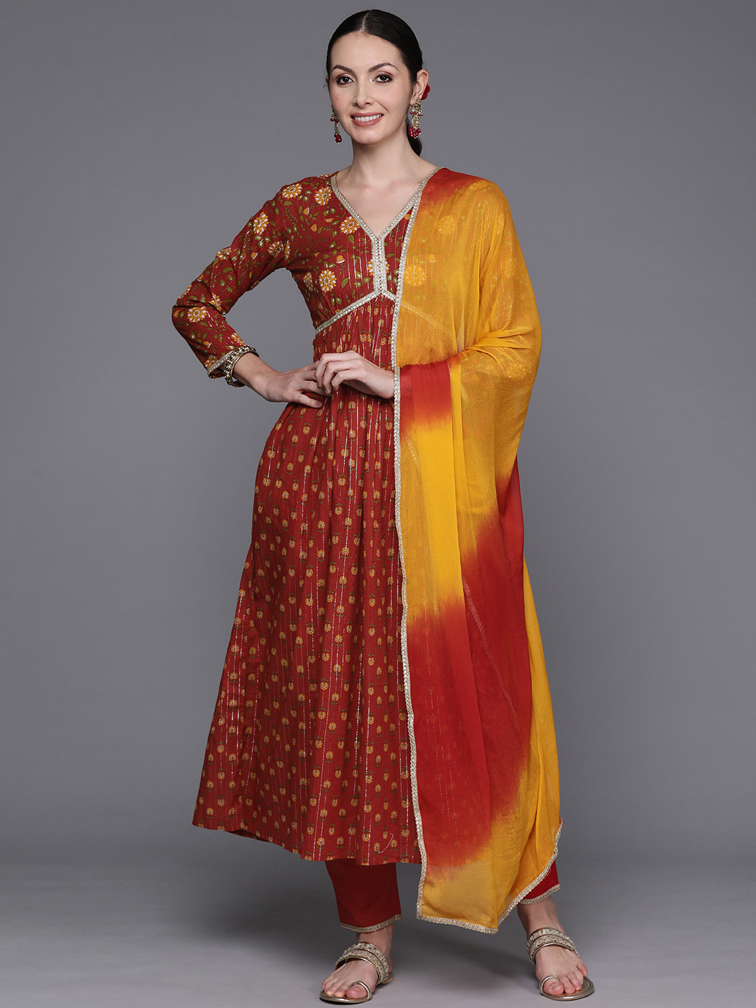 

Indo Era Floral Printed Empire Pure Cotton Zari Kurta with Trousers & Dupatta, Red