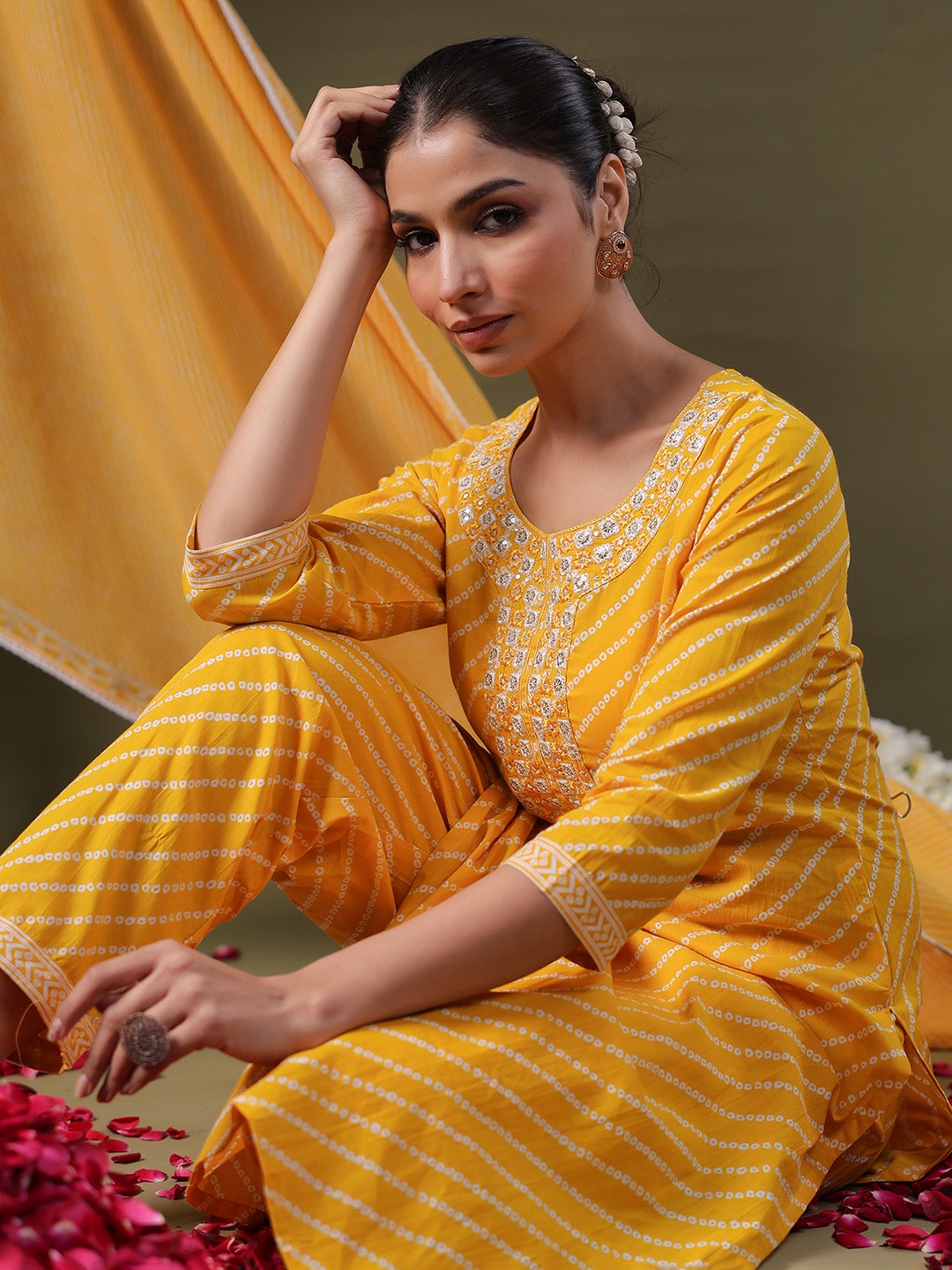 

Indo Era Bandhani Printed Sequinned Pure Cotton Kurta with Trousers & Dupatta, Yellow