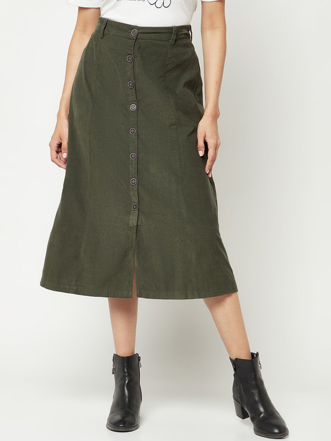 

Crimsoune Club Pure Cotton A-Line Midi Skirt, Olive