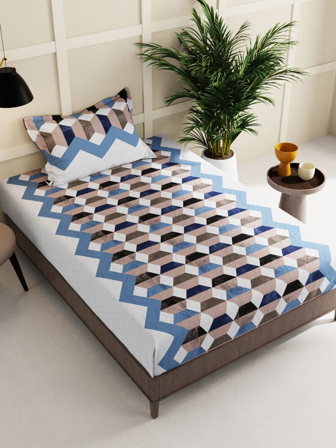 

BIANCA Sterling Brown & Blue Geometric 152 TC 2 Single Bedsheet With 2 Pillow Covers