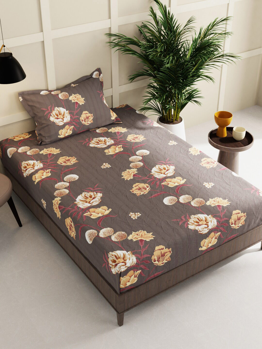 

BIANCA Sterling Brown & Cream-Coloured Floral 152 TC 2 Single Bedsheet & 2 Pillow Covers