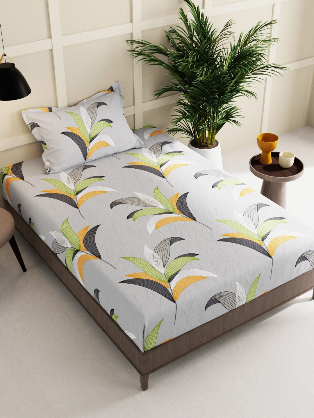 

BIANCA Grey & Yellow Floral 152 TC 2 Single Bedsheet with 2 Pillow Covers