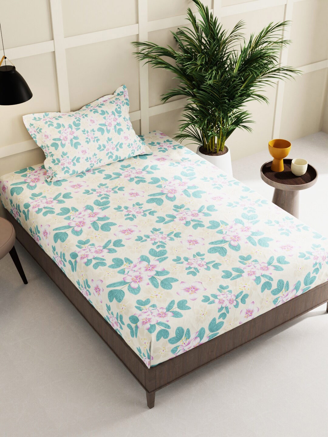 

BIANCA White & Turquoise Blue Floral 152 TC 2 Single Bedsheet with 2 Pillow Covers