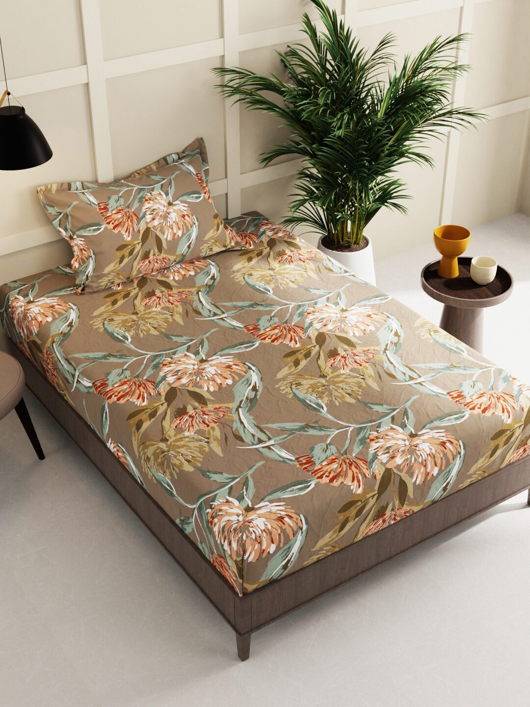 

BIANCA Brown & Green Floral Printed 152 TC Single Bedsheet & Pillow Cover