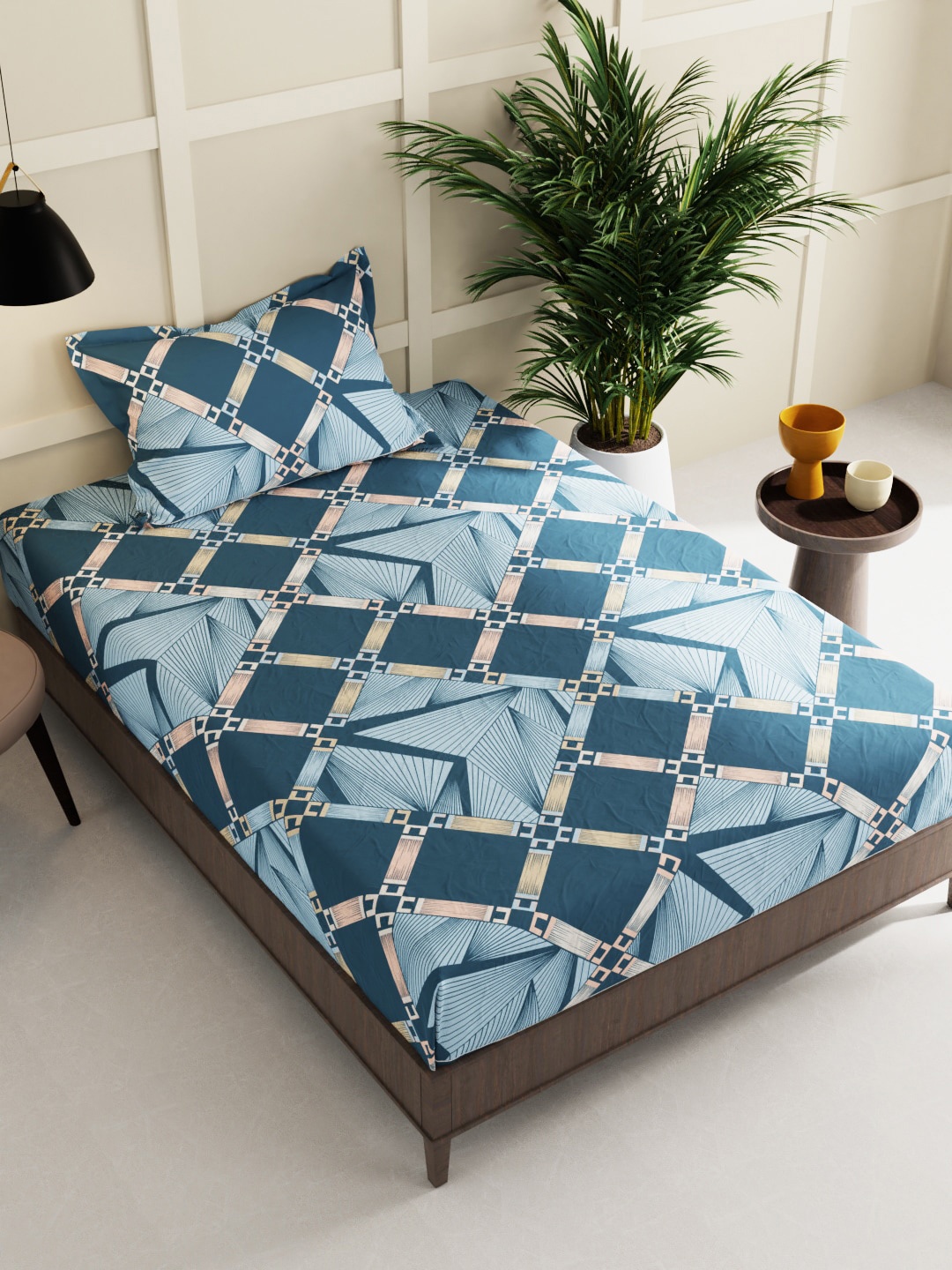

KOPA Blue & White Geometric Printed 152 TC Single Bedsheet & Pillow Cover